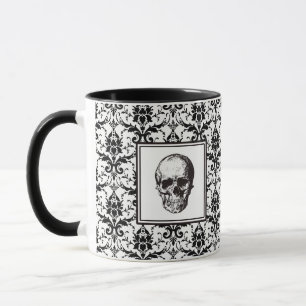 Gothic Zwarte Damast Patroon Schedel Halloween Mok