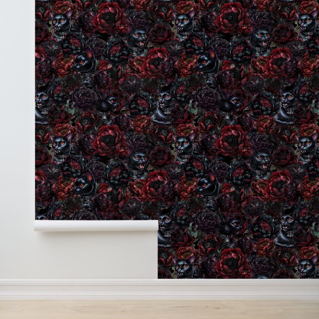 Gothic Zwarte Kat & Donkere Bloemen Patroon Behang (Applicatie)