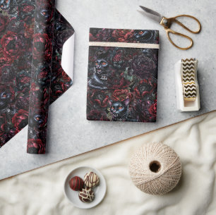 Gothic Zwarte Kat & Donkere Bloemen Patroon Cadeaupapier