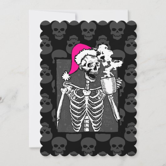gothic zwarte kerst schedel koffie skelet roze kaart (Voorkant)