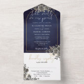 Gothic zwarte Rozen bloemengouden boog bruiloft All In One Uitnodiging (Binnen)