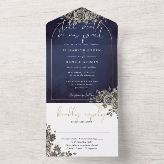 Gothic zwarte Rozen bloemengouden boog bruiloft All In One Uitnodiging (Binnen)