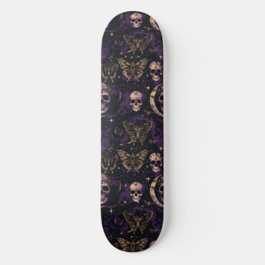Gothique Black Purple Skulls Moths Moon Skateboard (Recto)