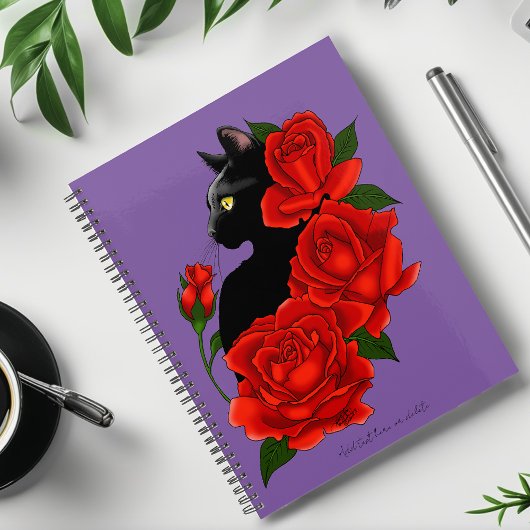 Gothique Chat Noir Roses Rouges Violet