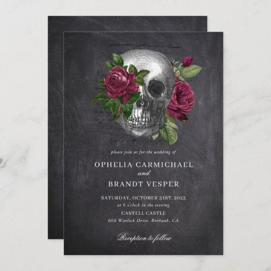 Gothique Crâne Faire-part de mariage floral (Devant / Derrière)