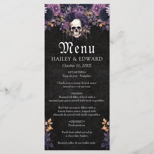 Gothique Crâne floral foncé Halloween Menu Mariage (Devant)