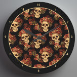 Gothique Crâne Noir Rose Couronne Halloween<br><div class="desc">Cette horloge gothique murale d'Halloween avec des numéros d'ivoire présente un motif de crânes déplaisants flottant dans un abîme noir. Chaque crâne est orné de roses rouges. Leurs yeux vides d'âme sont fortement contrastés contre la couronne rose goth et les bouquets de fleurs mortes.</div>