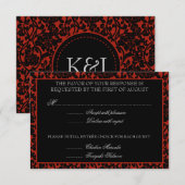 Gothique Floral Rouge & Noir Damas RSVP Monogramme (Devant / Derrière)