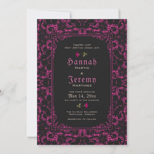 Gothique Magenta Black Lace Rose Invitation (Devant)