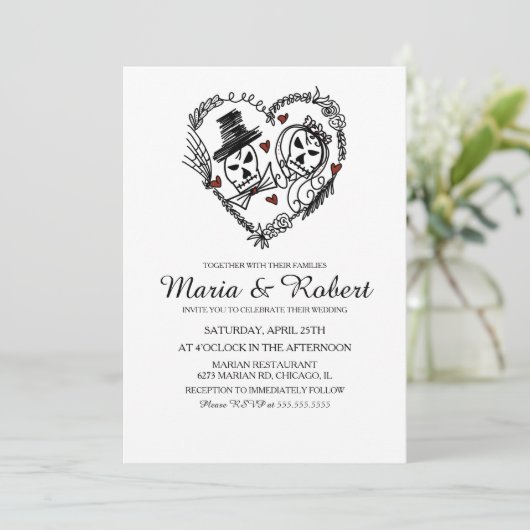Gothique Noir Blanc Squelette Mariage Invitations (Debout devant)