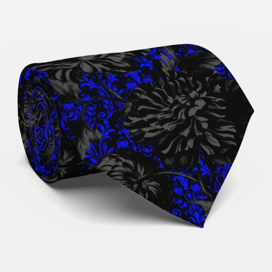 Gothique Noir & Bleu Damas Floral Mariage Cravate (Roulé)