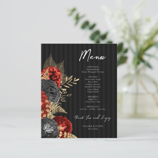 Gothique Rouge et noir Floral Mariage Menu Circula (Debout devant)