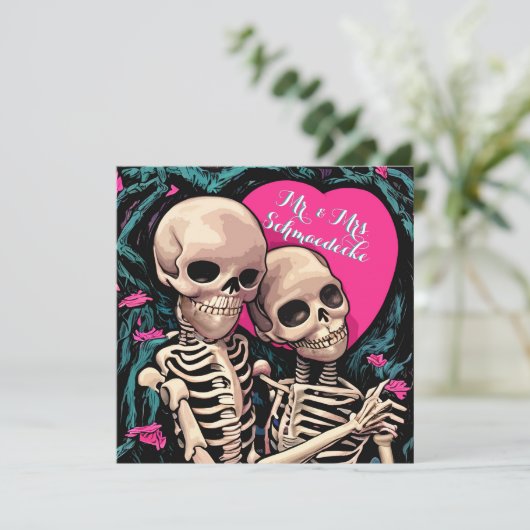 Gothique Squelette Mariage Merci Cartes Rose Turqu (Debout devant)