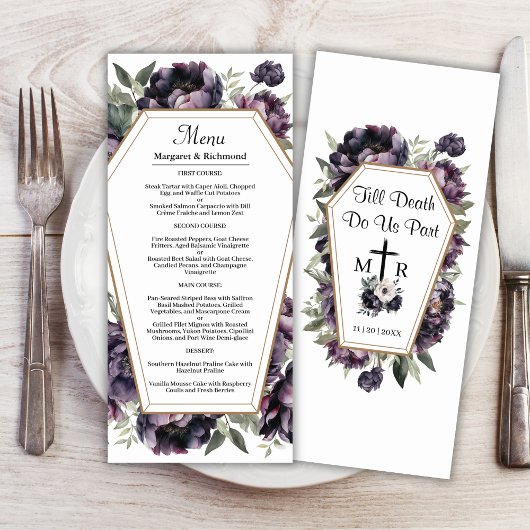 Gothique Vintage Black Peonies Menu Mariage