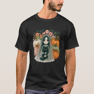 Gothisch spookmeisje met kat pompoenen vintage hal t-shirt