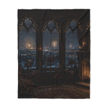 Gothische bibliotheek hal open haard nacht fleece