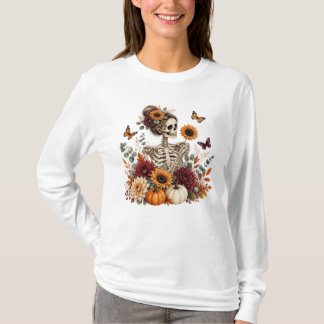 Gothische bloemenskelet herfst Halloween  T-shirt