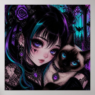 Gothische Emo Anime Meisje & Kat Poster