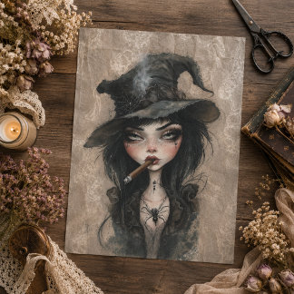 Gothische Heks die Sigaren rookt, Halloween Decoup Tissuepapier