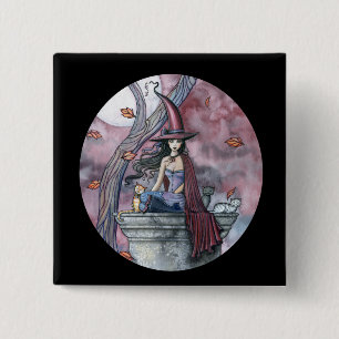 Gothische Heksenkat Halloween Knop, Speld Vierkante Button 5,1 Cm