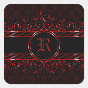  gothische monogrammen, zwart en rood vierkante sticker
