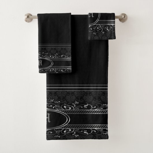 gothische monogrammen, zwart en zilver bad handdoek (Insitu)