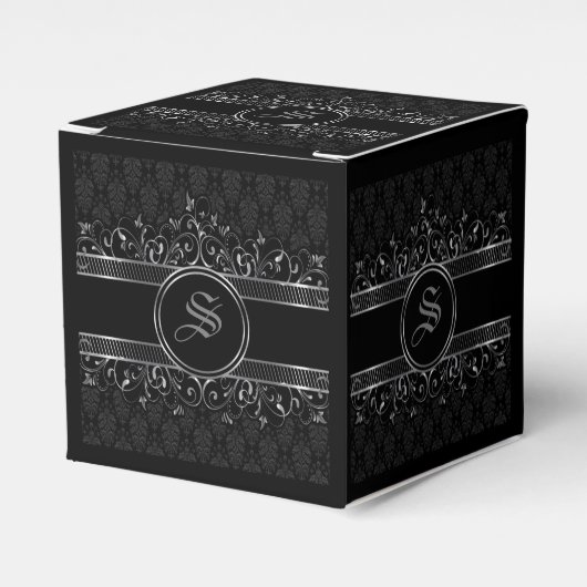 gothische monogrammen, zwart en zilver bedankdoosjes (Voorkant Zijde)