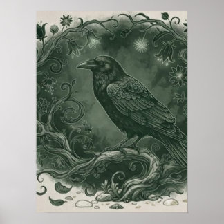 Gothische mystieke raaf en betoverd bos poster