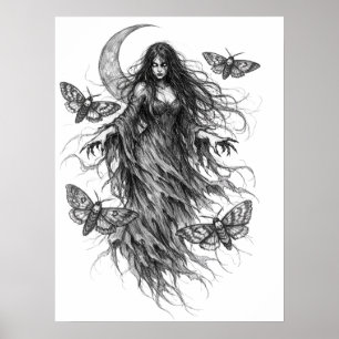 Gothische Nacht Heks en Luna Moth Donkere Folklore Poster
