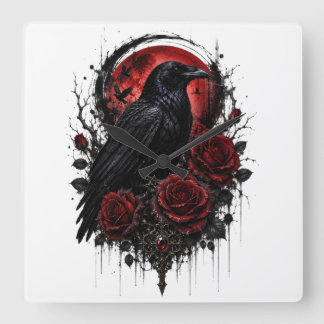 Gothische Raven Rode Maan & Rozen Wandklok Vierkante Klok