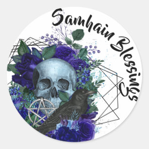 Gothische schedel en raven Paarse samhain-zegening Ronde Sticker