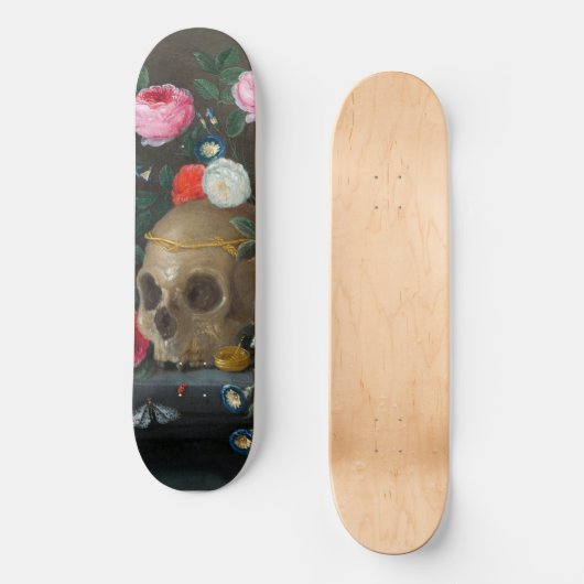Gothische schedel en Rozen Schimmeldonkergrijs Skateboard (Voorkant)