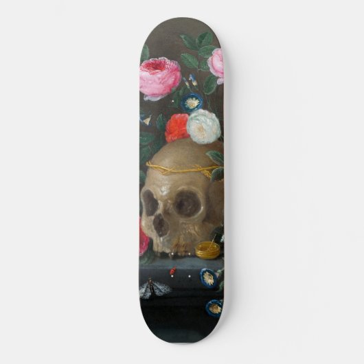 Gothische schedel en Rozen Schimmeldonkergrijs Skateboard (Voorkant)