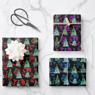 Gothische Schedels Rood Paars Blauw Kerstbomen Inpakpapier Vel
