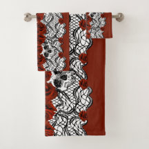 Gothische stijl, zwarte kant, schedels en rode roz