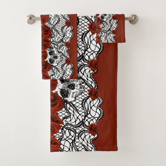 Gothische stijl, zwarte kant, schedels en rode roz bad handdoek (Insitu)