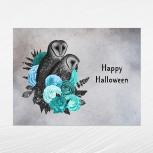 Gothische Turquoise Bloemmotieven Uilen Halloween Feestdagenkaart