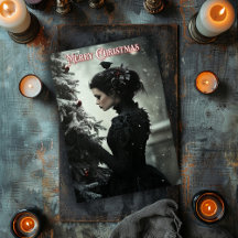 Gothische vrouw met kerstboom kerstkaart