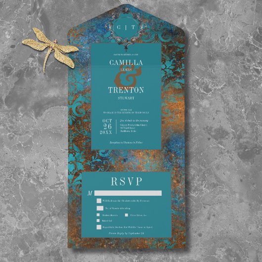 Gotisch Antiek Blauwgroen Goud Damask Dinner Weddi All In One Uitnodiging