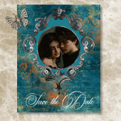 Gotisch Antiek Blauwgroen Goud Damask Fotobruiloft Save The Date