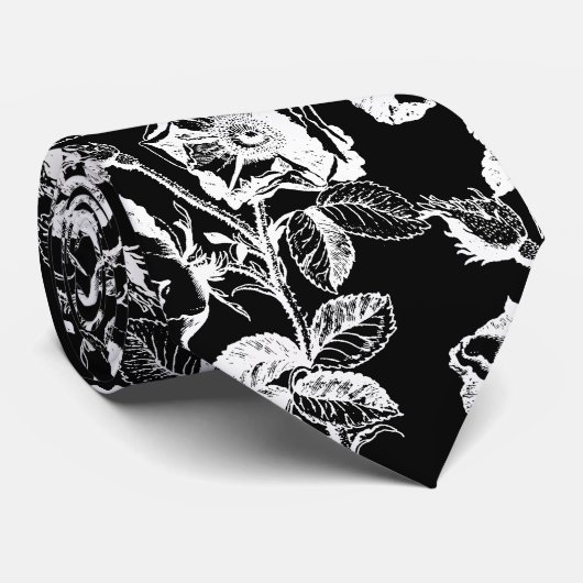 Gotisch Antiek Roos Wit op zwart Stropdas (Opgerold)