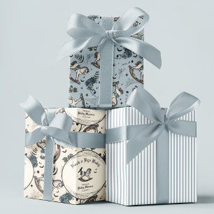 Gotisch Baby shower Blauw Victoriaans Rocking Hors Inpakpapier Vel