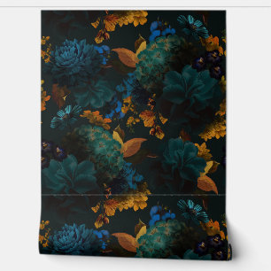 Gotisch blauw en geel vet Moody bloemen behang