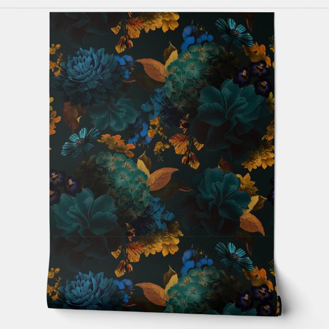 Gotisch blauw en geel vet Moody bloemen behang (Afrollen)