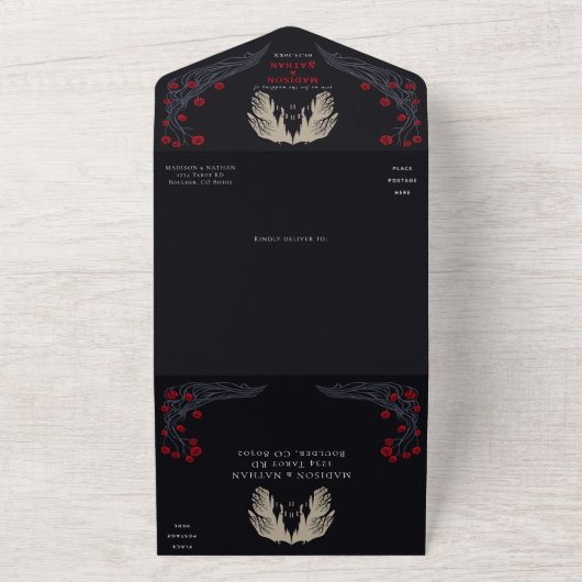 Gotisch Kasteel Bloemen Halloween Bruiloft All In One Uitnodiging (Buitenkant)