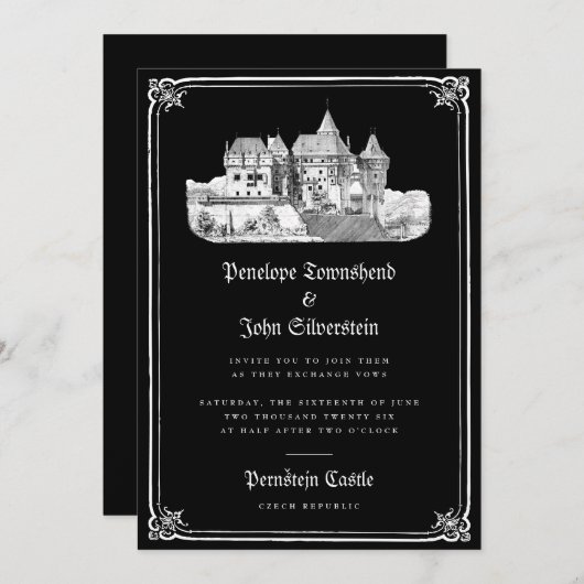 Gotisch Kasteel Hand getrokken Border Black Weddin Kaart (Voorkant / Achterkant)