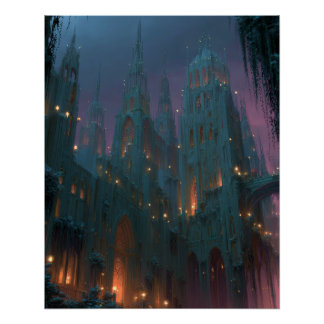 Gotisch kasteel onder aurora-fantasie nacht kunst perfect poster
