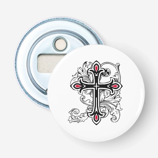 Gotisch kruis button flesopener (Voorkant)