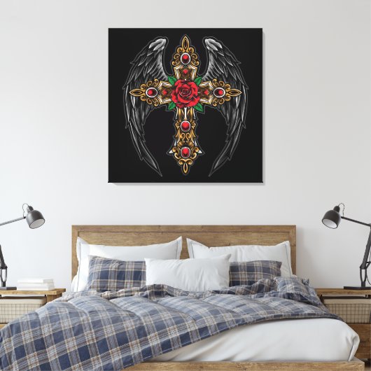Gotisch kruis met bloemen en vleugels canvas afdruk (Insitu (Slaapkamer))