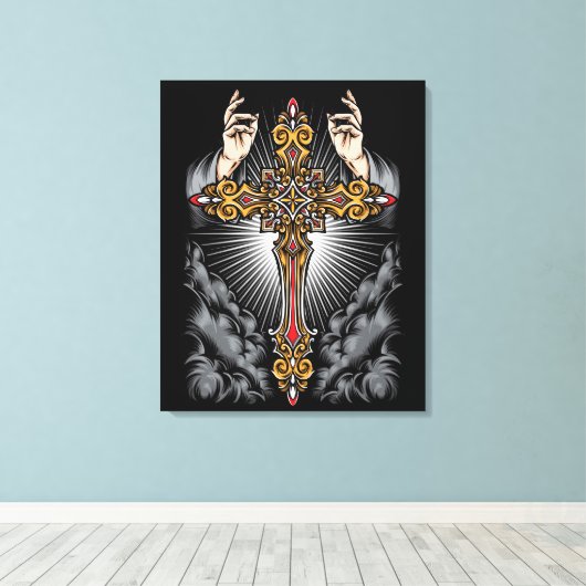 Gotisch kruis met handen canvas afdruk (Insitu (Houten vloer))